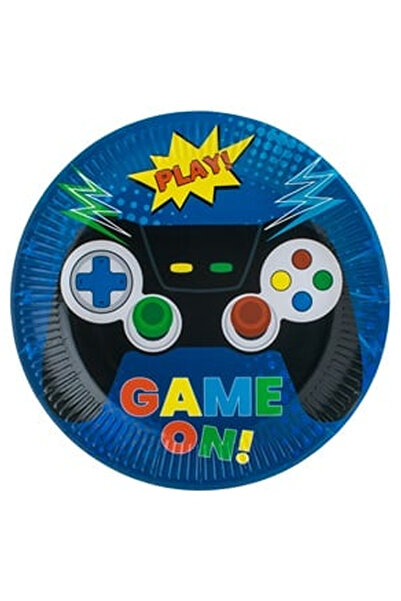 OEM Μπλε πιάτα πάρτι με σχέδιο  "Game On " Ø23εκ. - 6 τεμάχια