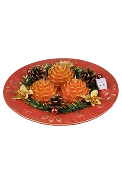 OEM Platou Decorativ de Craciun cu 3 Lumanari Rosii & Conuri 24cm