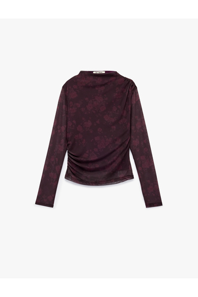 Koton Slim Fit Dik Yaka Uzun Kollu Drapeli Çiçekli Tül Tişört