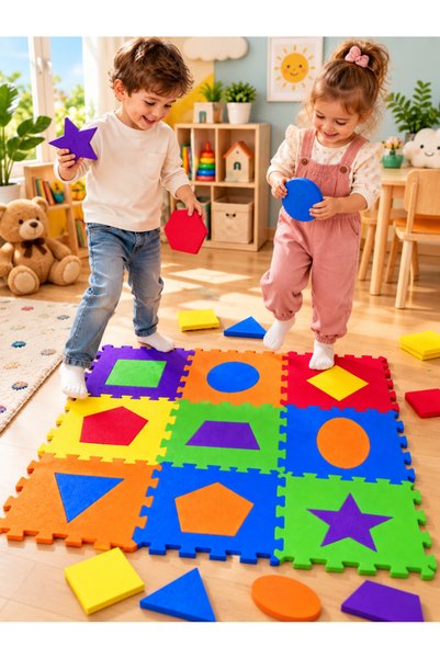 SAZE Şaze Shop 9 Parça Geometrik Şekiller EVA Puzzle Oyun Matı 33x33 cm 7 mm ...