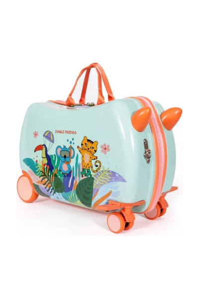 Milk&Moo Jungle Friends Binilebilir Çocuk Valizi, 360° Tekerlekli, Ayak Destekli