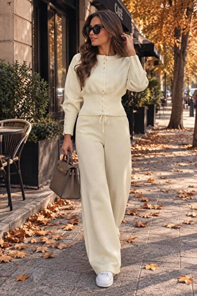 Stile Bella طقم نسائي من قطعتين بأزرار كبس، طقم بأكمام طويلة مع بنطلون واسع ا...