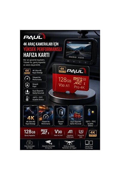 Paul 128GB Micro SD Hafıza Kartı 4K Ultra HD | V30 A1 U3 Yüksek Hızlı MicroSDXC