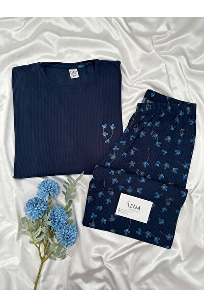 Lena Homewears Тъмносин пижамен комплект с флорални мотиви, кръгло деколте, д...