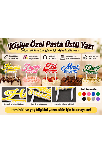 Genel Markalar Kişiye Özel Pasta Üstü Yazı – İsim ve Yaşlı 3D Baskı Pasta Süsü