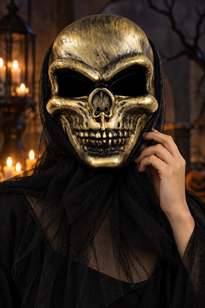DODOMAR Masca de Halloween cu craniu auriu cu tul pe spate, accesoriu pentru ...