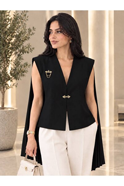 Verona Women's Blouse with Cape Design and Back Buttons and Elegant Gold Accents