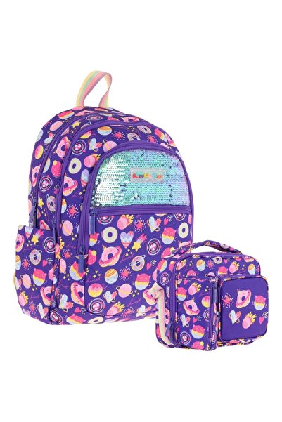 KAUKKO Kids Sequin Candy Patterned, Girls' Purple School Bag + Lunch Box Set