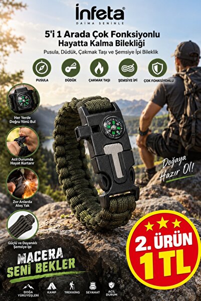 İnfeta 5-u-1 crna narukvica od padobranskog užeta, kompas, zviždaljka, kremen...