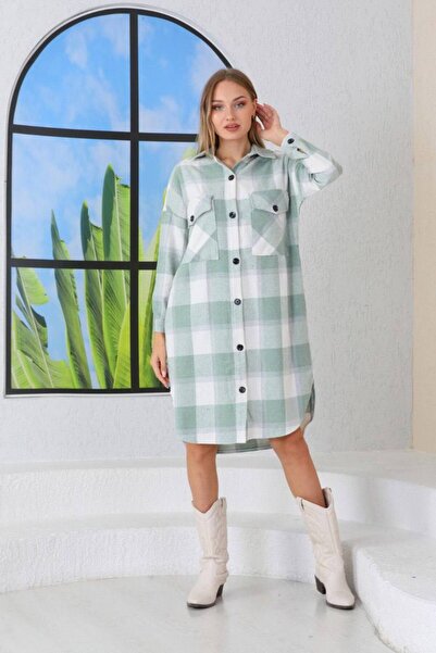 Polologin Butik Mint Green Plaid Patterned, Buttoned Long Women's Lumberjack ...