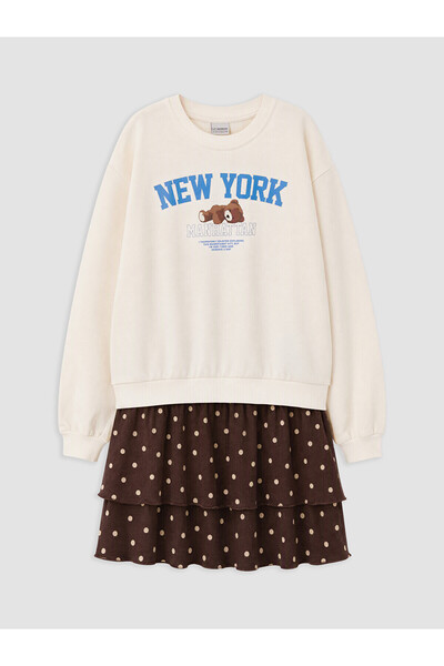 LC Waikiki Alita City Lcw Kids Ecru New York Printed Girls' Dress with a Diff...
