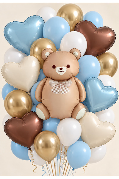 baloss fer Blue Caramel Teddy Bear Gold Deluxe 32-Piece Balloon Set White Mac...