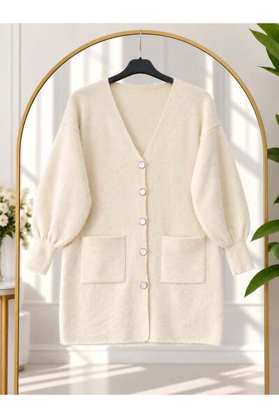 modasindoma Women's Hijab Balloon Sleeve Knitwear Cardigan White