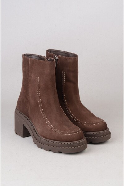 SEÇ KUNDURA Seç V2754 Genuine Leather Women's Heel Boots (Heel Height: 7 cm) Brown Suede