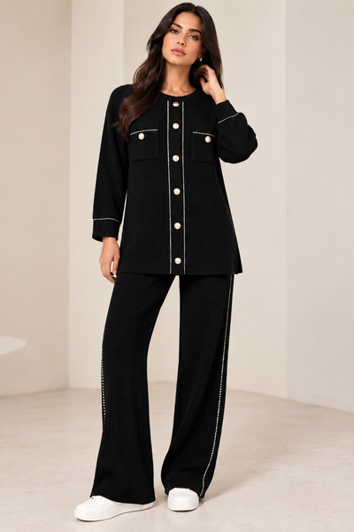 CNR TEKSTİL Women's Stone Stripe and Pearl Button Detailed Ribbed Knitwear Set