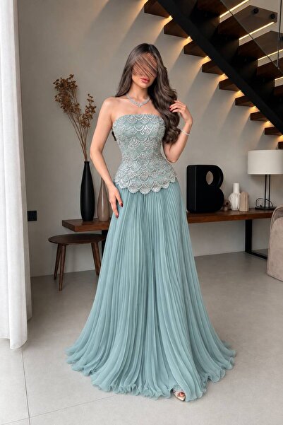 Calissa Store فستان سهرة سماوي بكورسيه مطرز وتنورة شيفون بليسيه