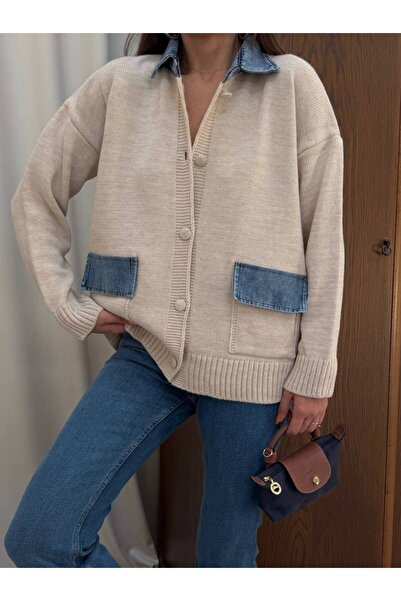rengamoda Women's Pocket and Collar Denim Detail Buttoned Knitwear Cardigan