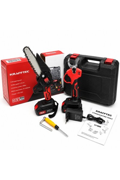 kraftech Set de scule de grădinărit fără fir Ferăstrău cu lanț de 6" + Foarfe...