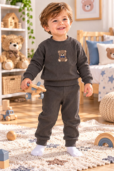 SERPİL Ss Gi̇yi̇m Boys' Teddy Bear Printed 2-Piece Set – Ribbed Sweatshirt an...