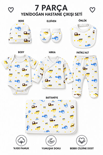 chic try unique Newborn 7 Piece Hospital Discharge Set 100% Cotton Work Machi...