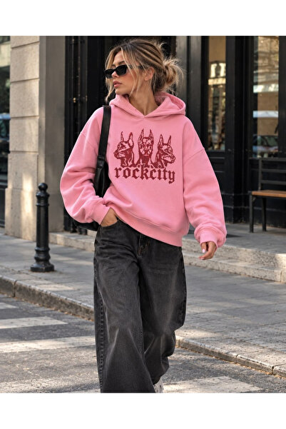 rockcity Kırmızı Taşlı Kapşonlu Oversize Pembe Sweatshirt