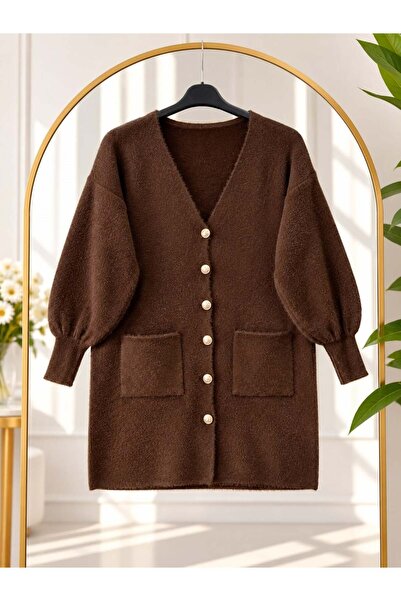 modasindoma Women's Hijab Balloon Sleeve Knitwear Cardigan Brown