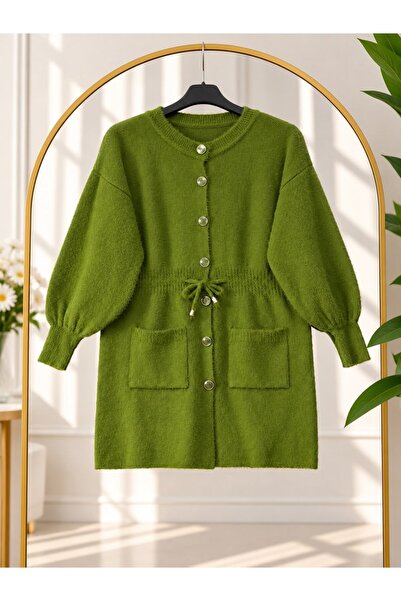 modasindoma Women's Hijab Waist Gathered Buttoned Knitwear Cardigan Khaki