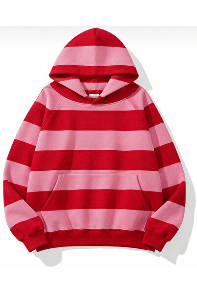 Co Trendiz Kadın Kalın Çizgili Sweatshirt Pembe Kırmızı