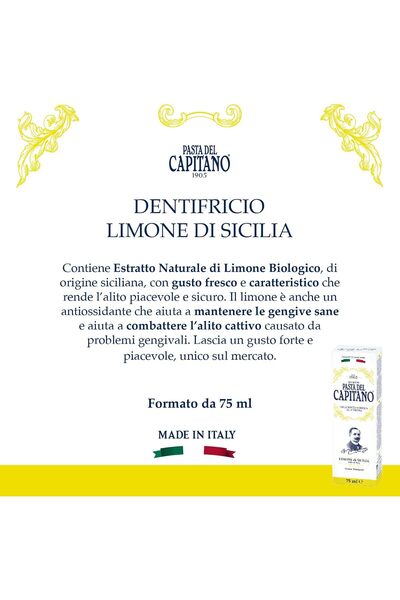 PASTA DEL CAPITANO 1905 , Lemon Toothpaste from Sicily, Keeps Gums Healthy and Fights Bad Breath, Contains Organic Lemon Extracts, 100% Made in Italy, 75 ml Tube