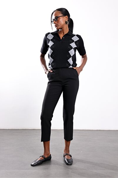 5in1Canpolat Black Metal Button Cigarette Pants 9036