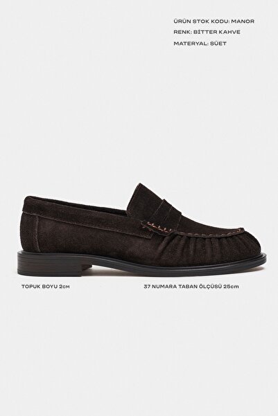 NİŞANTAŞI SHOES Manor Bitter Kahve Hakiki Süet Deri Saraç Büzgü Detay Düz Taban Kadın Penny Loafer