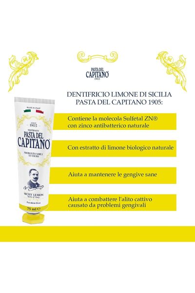 PASTA DEL CAPITANO 1905 , Lemon Toothpaste from Sicily, Keeps Gums Healthy and Fights Bad Breath, Contains Organic Lemon Extracts, 100% Made in Italy, 75 ml Tube