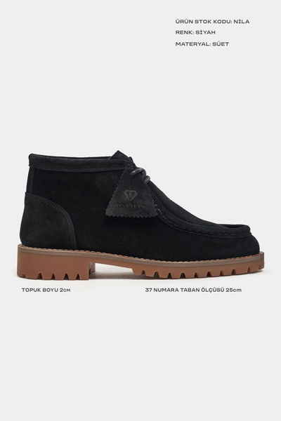 NİŞANTAŞI SHOES Nila Siyah Hakiki Süet Deri Bağcık Detay Tırtıklı Kalın Taban Kadın Bot