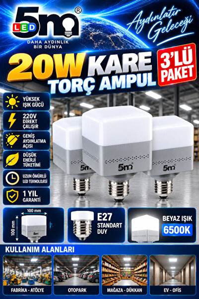 LED PAZARI 3 ADET 20 W KARE TORC AMPÜL YENİ KASA BEYAZ IŞIK YÜKSEK IŞIK 1 yıl...