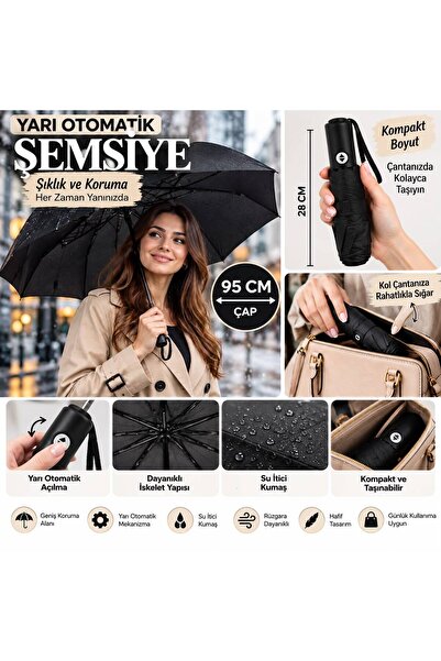TREND Yarı Otomatik Siyah Şemsiye 95 cm – Kompakt, Çantaya Sığabilen Taşınabi...