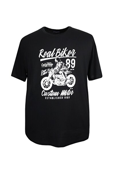 marufshop Motorcycle Printed Men's Large Size Slim Fit Crew Neck Black T-Shirt