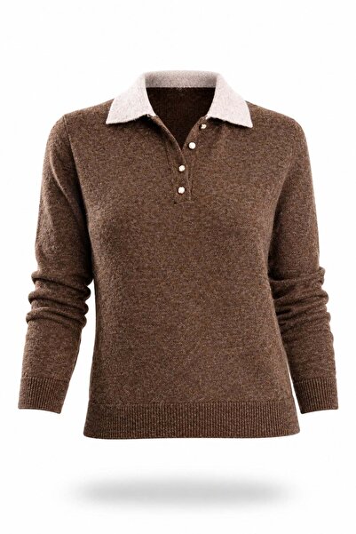 5in1Canpolat Brown Contrast Polo Collar Sweater 261107