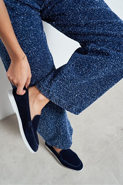 NİŞANTAŞI SHOES Vayne Lacivert Hakiki Süet Deri Düz Taban Kadın Loafer
