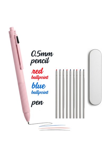 SOFIEV Pix multifunctional 4 in 1 roz mat Cherry Blossom SOFIEV® - pix negru, albastru, rosu + creion mecanic 0.5 mm, corp metalic, set cadou cu 10 rezerve, 20 mine si cutie metalica