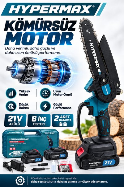 hypermax Kömürsüz Çift Batarya Şarjlı Testere Dal Kesme Dal Budama Makinesi