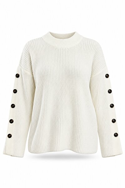 5in1Canpolat Ecru Buttoned Sleeve Sweater