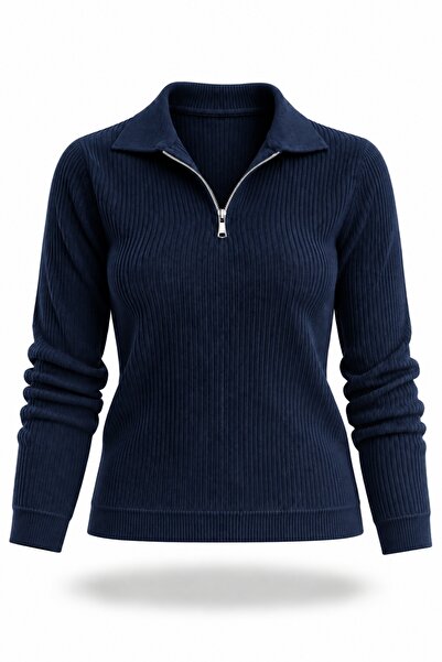 5in1Canpolat Navy Blue Polo Collar Zippered Ribbed Knitwear 5668