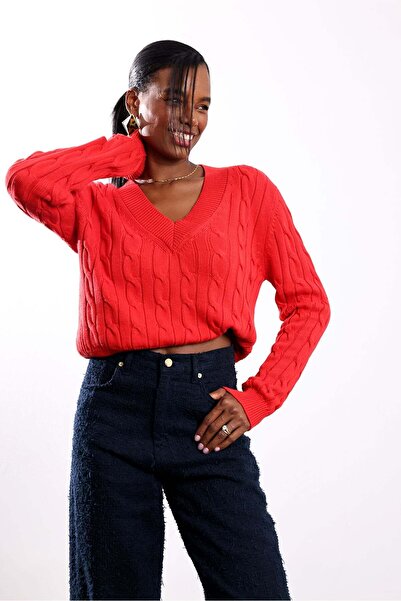 5in1Canpolat Red V-Neck Hair Knit Sweater 190877