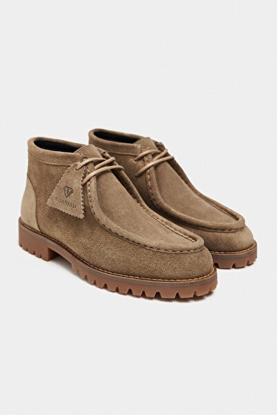 NİŞANTAŞI SHOES Nila Rome Bej Hakiki Süet Deri Bağcık Detay Tırtıklı Kalın Taban Kadın Bot