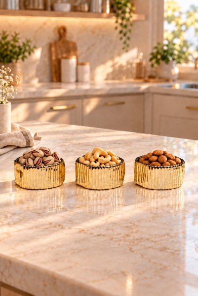 LOVAL 3-Piece Glass Snack Bowl Set 260 ml Gold Titanium Coated Decorative Presentation Bowl Turkish Delight Bowl Gift Dowry Box