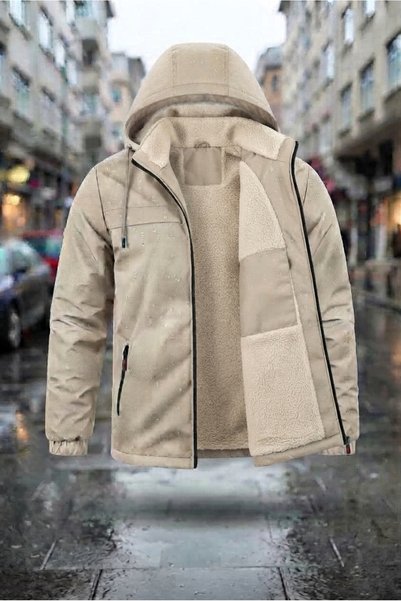 FASHION معطف رجالي مبطن بالفرو، مقاوم للماء، مع غطاء رأس قابل للإزالة، معطف سميك، معطف فاخر