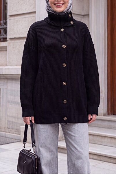 HİJABAYA Half-Collar, Button-Front, Loose-Fitting Knit Cardigan - Black