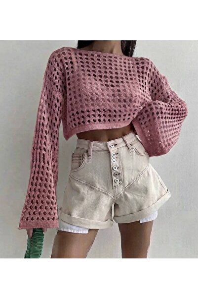 Pembe Delikli File Crop Kısa Yazlık Örgü Delikli Triko Kazak