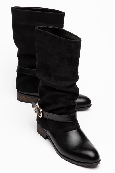 Saadet Kaya Butik Nare Women's Black Shiny Leather Suede Buckle Detailed Shor...