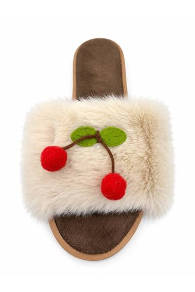 PAPUCUMUN DÜNYASI Women's Plush Fur Soft-Sole Lightweight Slippers with Cherry Details